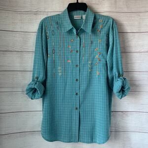 Vintage Koret Teal Blue Button Up Shirt Embroider Flowers Roll Tab Sleeves Small